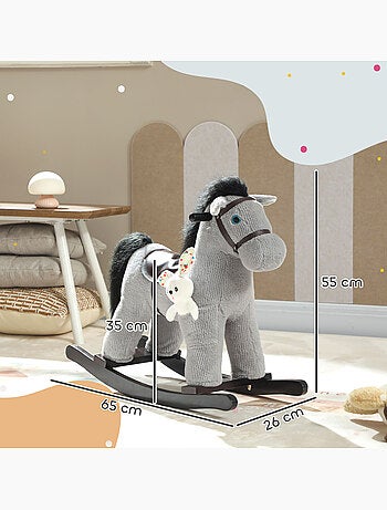 Jouet à bascule cheval pour enfant +12 mois aspect velours cotelé gris