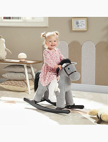 Jouet à bascule cheval pour enfant +12 mois aspect velours cotelé gris