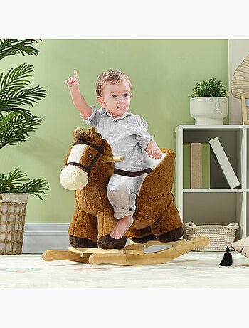 Jouet à bascule cheval pour enfant +18 mois effet sonore ceinture marron