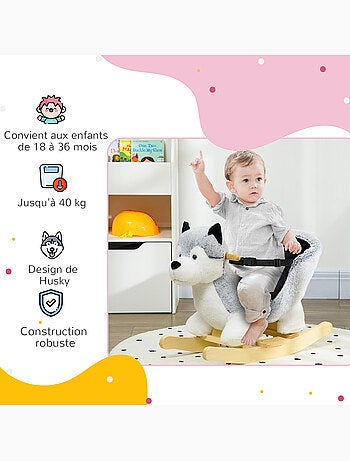 Jouet à bascule husky enfant +18 mois effet sonore siège ceinture gris
