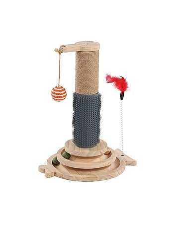Jouet a griffer pour chat lex plumes, circuit a balle et brosse massage