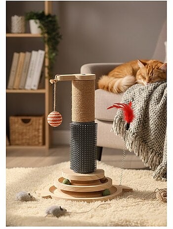 Jouet a griffer pour chat lex plumes, circuit a balle et brosse massage