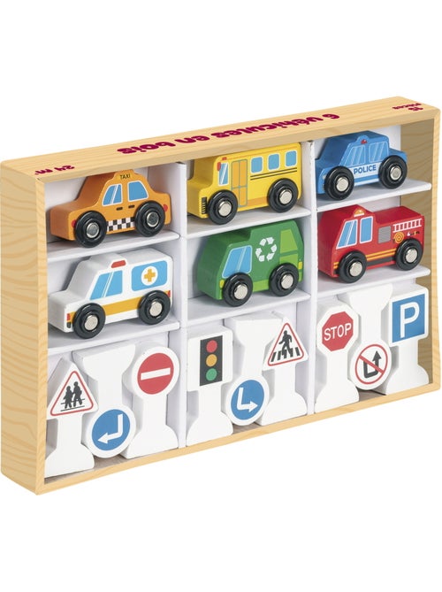 Jouet d'éveil - Set 6 voitures en bois avec accessoires - Kiabi