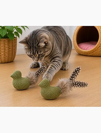 Jouet oiseau katti en cataire avec plumes pour chat