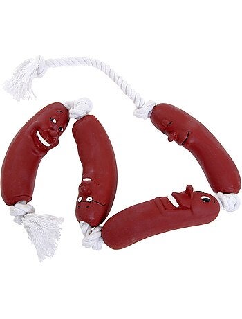 Jouet saucisse en latex sur corde avec 6 noeuds pour chien