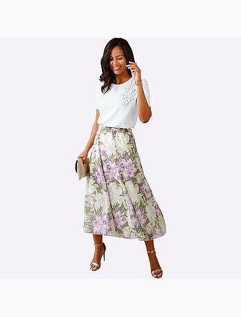 Jupe à panneaux en Georgette avec motif floral et ceinture élastique - Taille courte - Witt