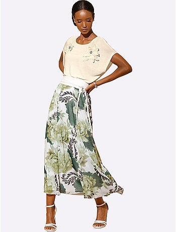 Jupe à panneaux tissée à imprimé floral avec taille élastique - Taille standard - Helline
