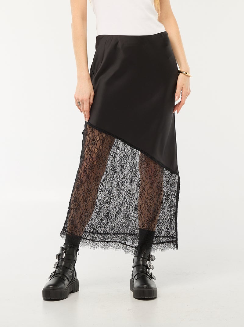 Jupe bi-matière satin et dentelle Noir - Kiabi
