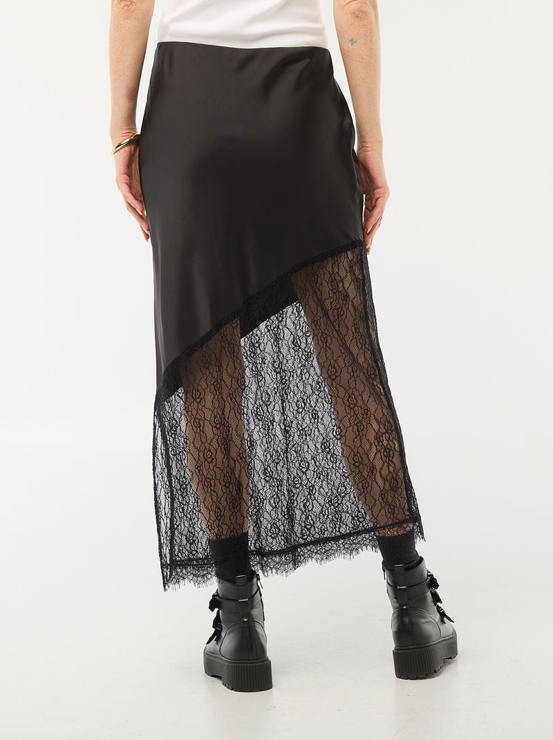 Jupe bi-matière satin et dentelle Noir - Kiabi