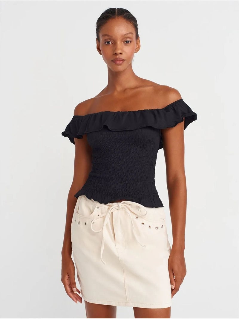 Jupe courte en denim de coton à lien dilvin Blanc cassé - Kiabi