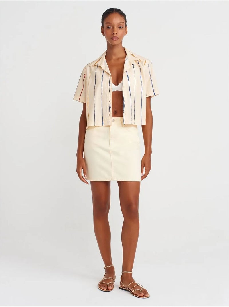 Jupe Courte En Denim Taille Haute Crème - Kiabi