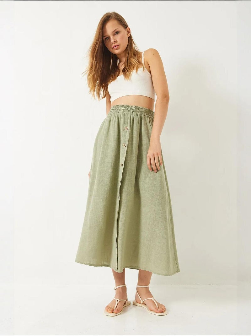 Jupe courte en lin doublée à taille élastique et boutons bianco lucci Vert menthe - Kiabi