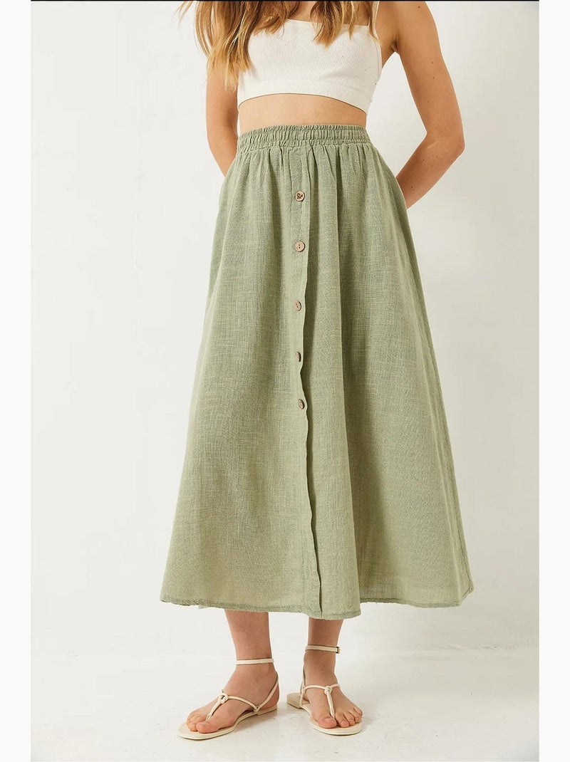 Jupe courte en lin doublée à taille élastique et boutons bianco lucci Vert menthe - Kiabi