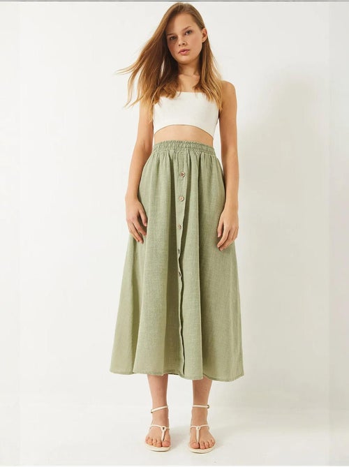 Jupe courte en lin doublée à taille élastique et boutons lucci - Kiabi Jupe courte en lin doublée à taille élastique et boutons lucci - Kiabi