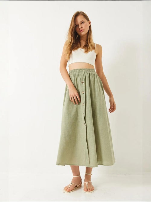 Jupe courte en lin doublée à taille élastique et boutons lucci - Kiabi Jupe courte en lin doublée à taille élastique et boutons lucci - Kiabi