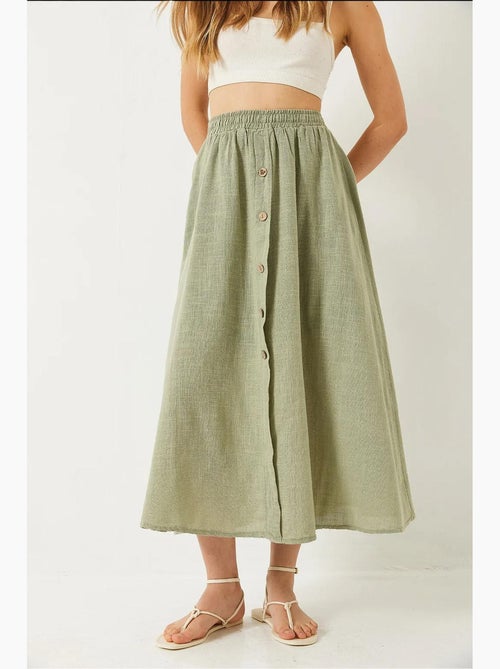Jupe courte en lin doublée à taille élastique et boutons lucci - Kiabi Jupe courte en lin doublée à taille élastique et boutons lucci - Kiabi