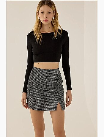 Jupe courte en tweed à taille haute avec fente hiccup