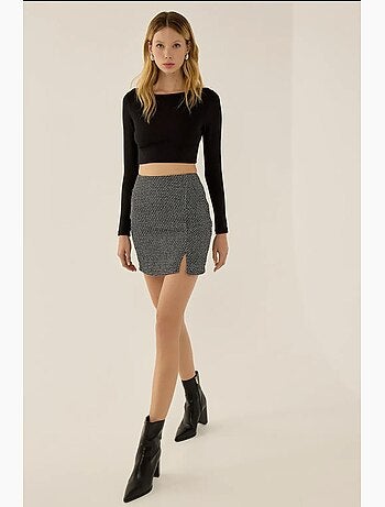 Jupe courte en tweed à taille haute avec fente hiccup