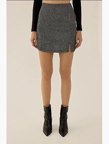 Jupe courte en tweed à taille haute avec fente hiccup