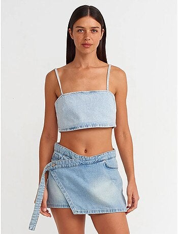 Jupe courte évasée en denim avec ceinture dilvin