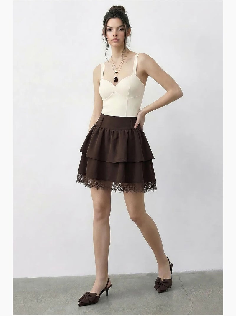 Jupe courte femme taille haute en dentelle lucci Marron chocolat - Kiabi