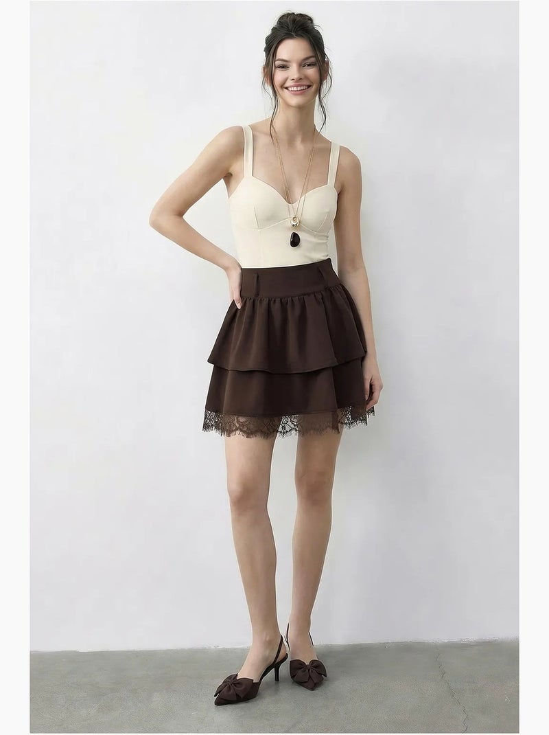 Jupe courte femme taille haute en dentelle lucci Marron chocolat - Kiabi