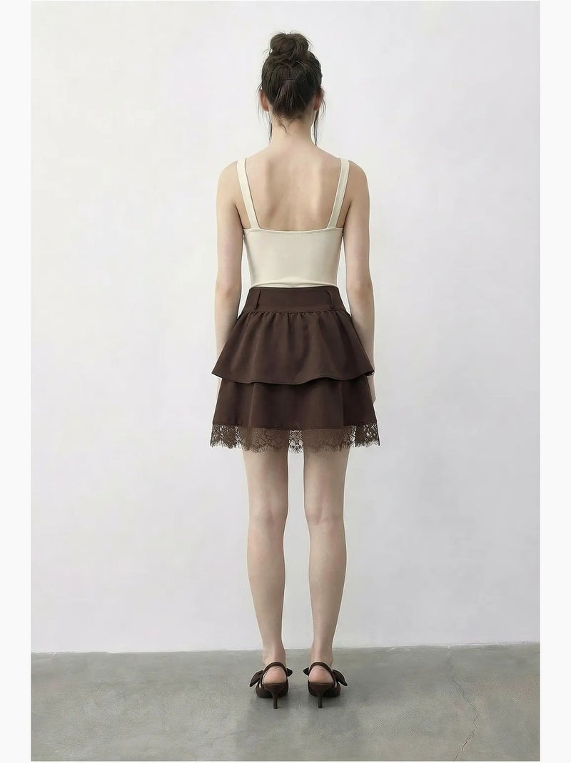 Jupe courte femme taille haute en dentelle lucci Marron chocolat - Kiabi
