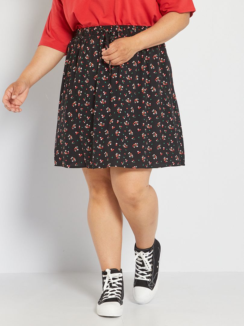 Jupe Courte Fluide Noire à Fleurs & Carrés Blancs - Taille 38 - Taille élastique - Marque Ici Et Maintenant