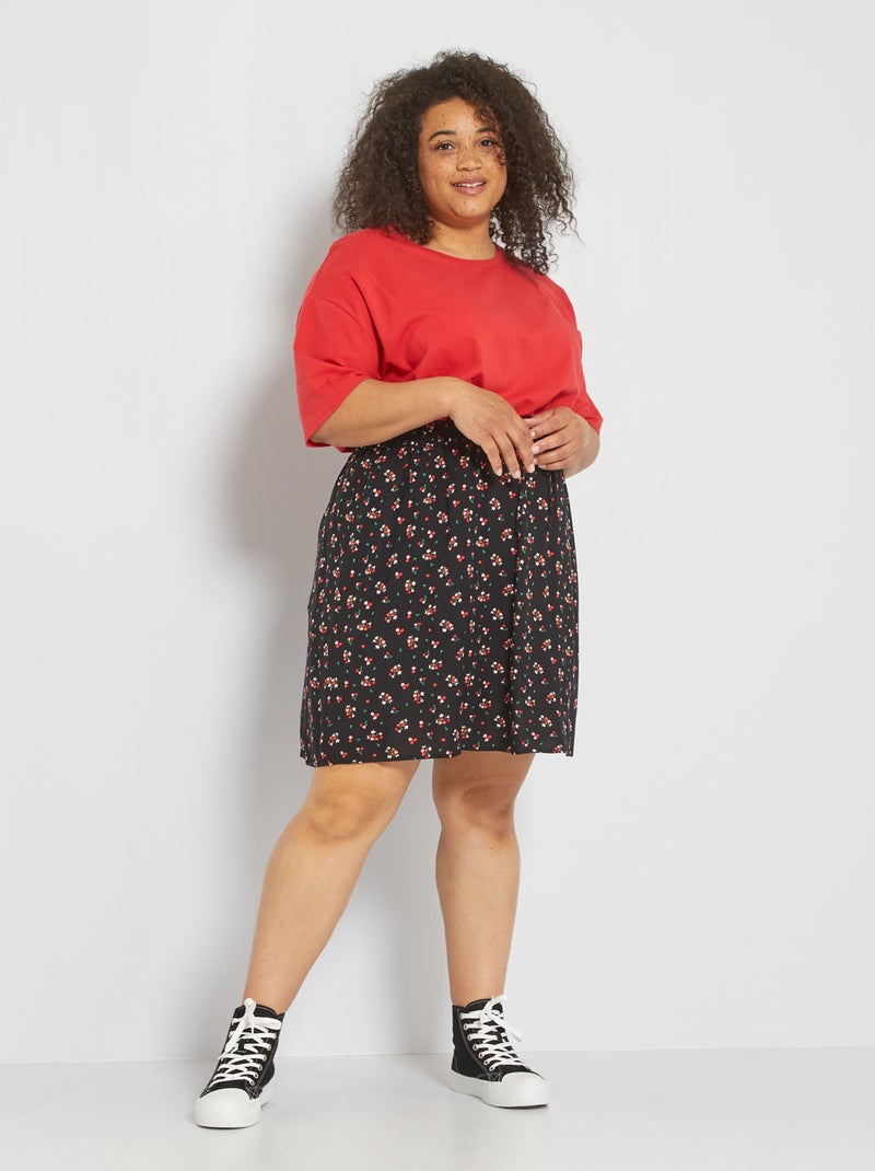 Jupe Courte Noire à Fleurs Blanches Et Carrés - Taille élastique 38 - Marque Ici Et Maintenant