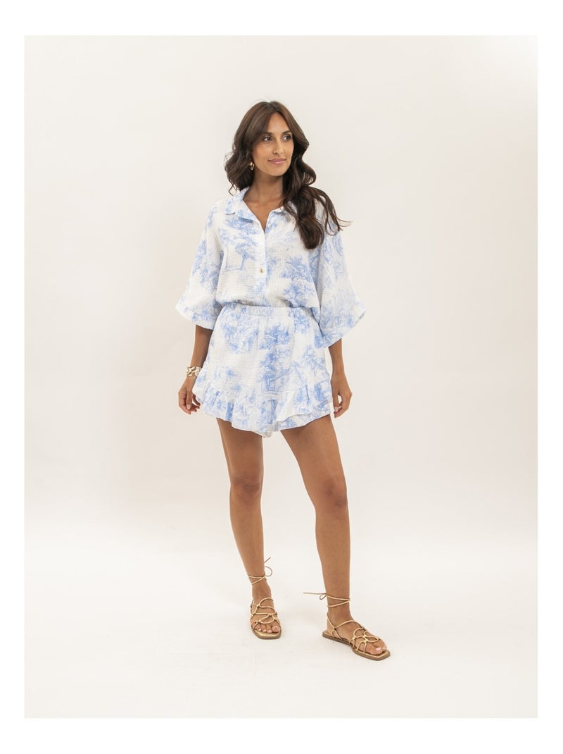 Jupe courte gaze de coton motifs toile de jouy XALONE Bleu - Kiabi