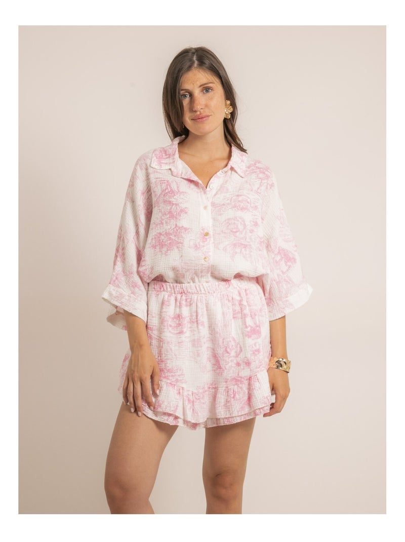 Jupe courte gaze de coton motifs toile de jouy XALONE Rose - Kiabi