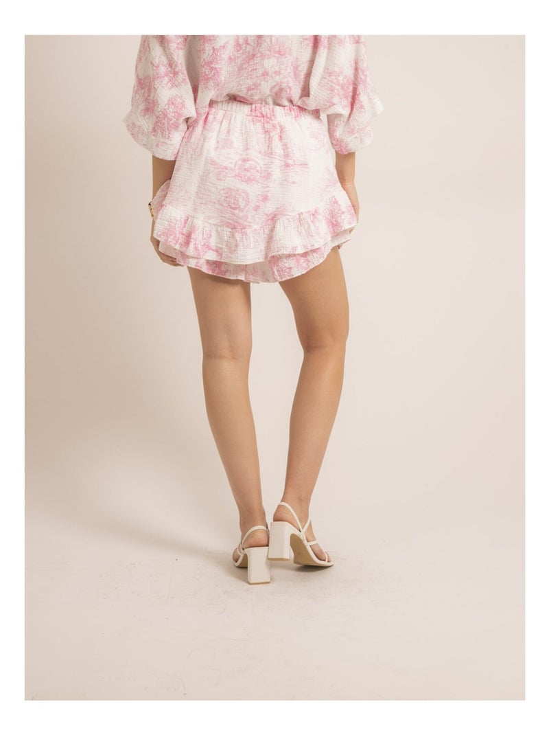 Jupe courte gaze de coton motifs toile de jouy XALONE Rose - Kiabi