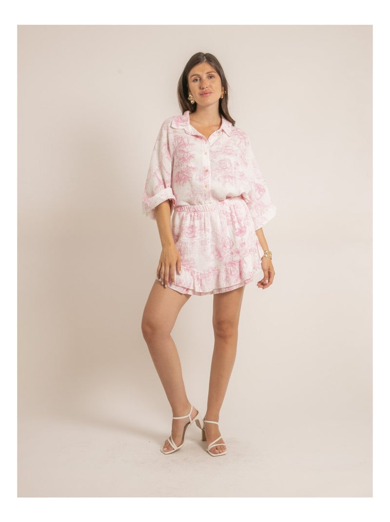 Jupe courte gaze de coton motifs toile de jouy XALONE Rose - Kiabi