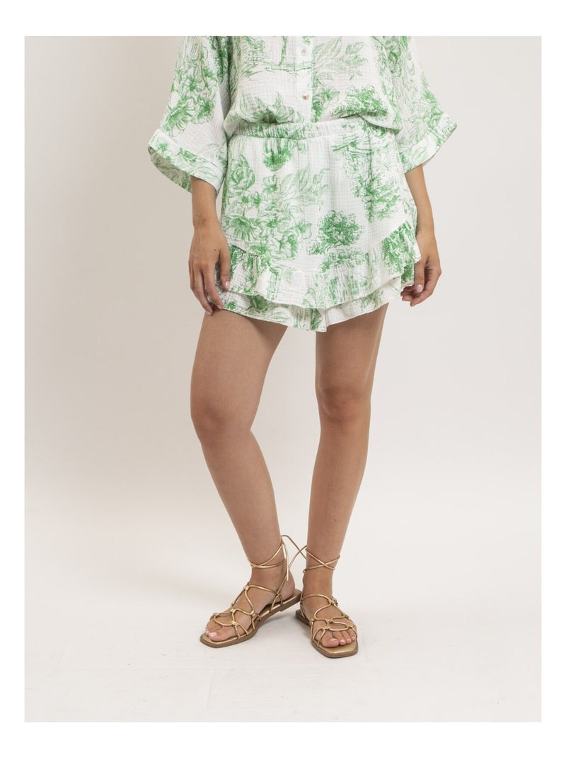 Jupe courte gaze de coton motifs toile de jouy XALONE Vert - Kiabi