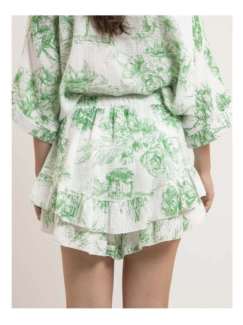 Jupe courte gaze de coton motifs toile de jouy XALONE Vert - Kiabi