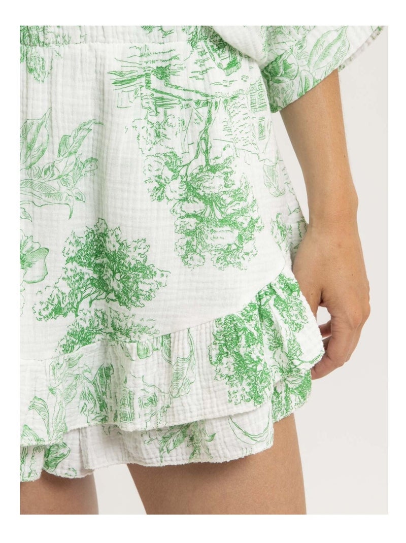 Jupe courte gaze de coton motifs toile de jouy XALONE Vert - Kiabi