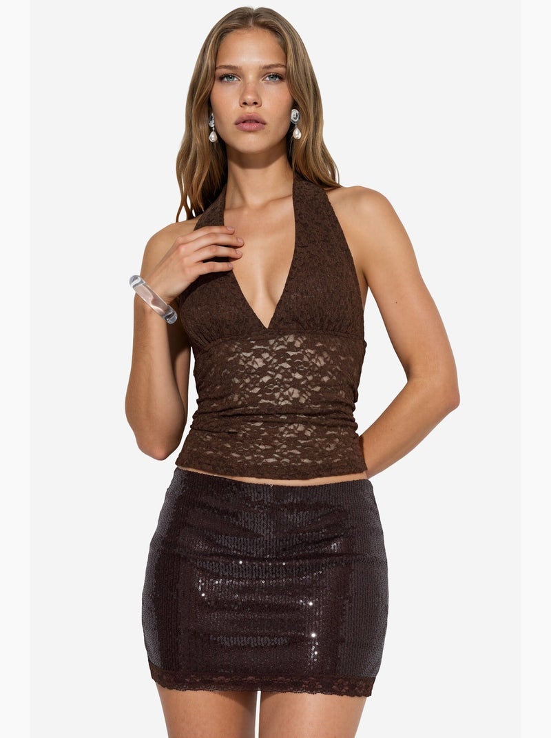 Jupe courte moulante à taille haute et sequins busem Marron foncé - Kiabi