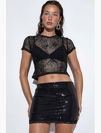 Jupe courte moulante à taille haute et sequins busem