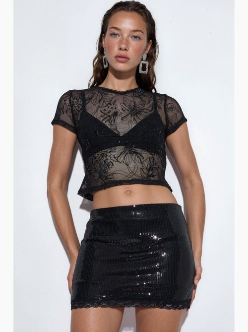 Jupe courte moulante à taille haute et sequins busem - Kiabi Jupe courte moulante à taille haute et sequins busem - Kiabi