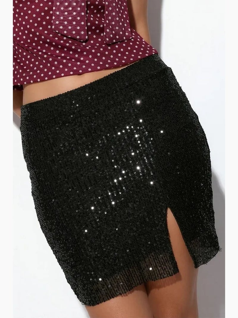 Jupe courte moulante à taille haute et sequins busem Noir - Kiabi