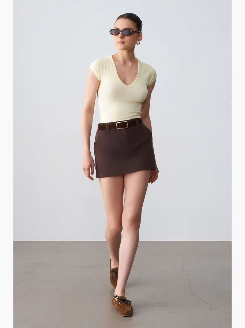 Jupe courte trapèze à taille haute et ceinture dilvin Marron chocolat - Kiabi