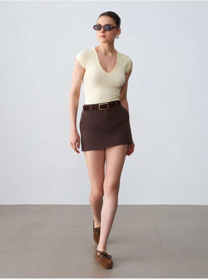 Jupe Courte Trapèze À Taille Haute Et Ceinture Marron chocolat - Kiabi