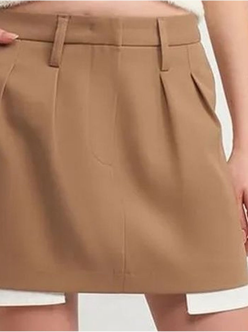 Jupe courte trapèze taille haute avec poche dilvin Camel - Kiabi