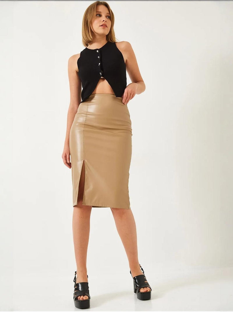 Jupe crayon fendue en cuir bianco lucci Camel - Kiabi
