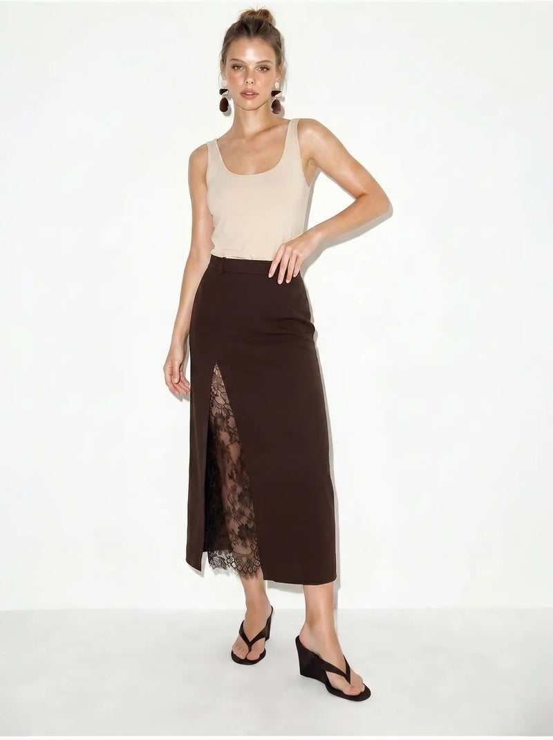 Jupe crayon midi en dentelle, taille haute lucci Marron chocolat - Kiabi