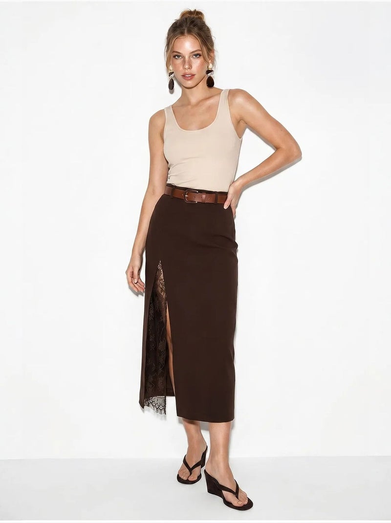 Jupe crayon midi en dentelle, taille haute lucci Marron chocolat - Kiabi