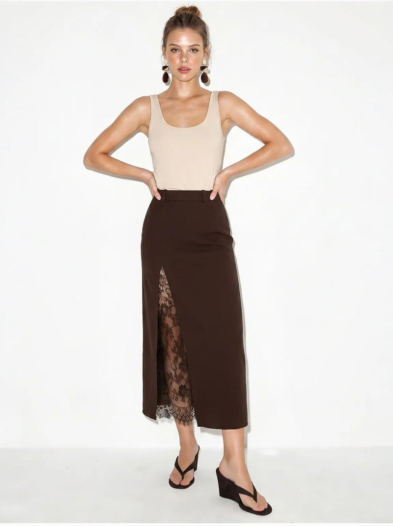 Jupe crayon midi en dentelle, taille haute lucci Marron chocolat - Kiabi