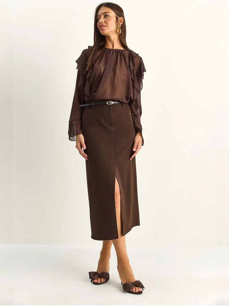 Jupe crayon midi taille haute avec fente lucci Marron - Kiabi