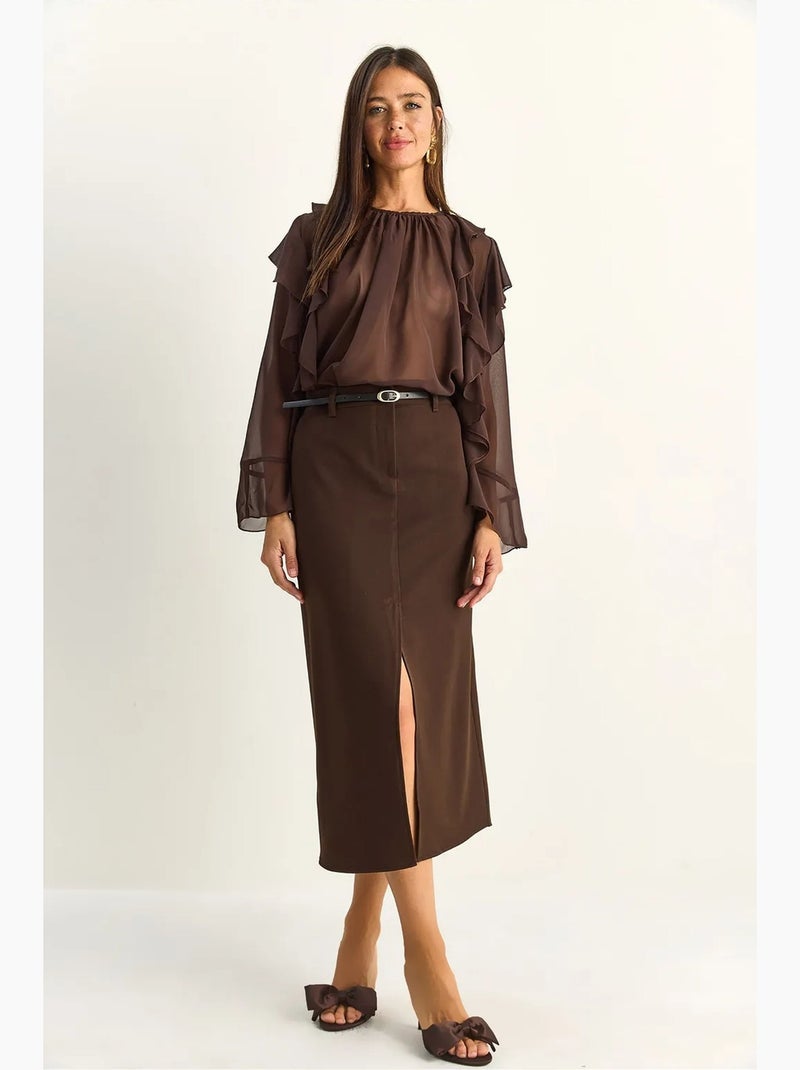 Jupe crayon midi taille haute avec fente lucci Marron - Kiabi