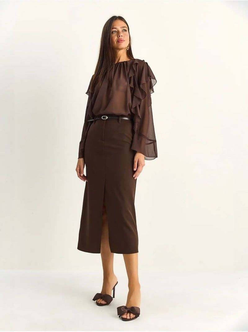 Jupe crayon midi taille haute avec fente lucci Marron - Kiabi